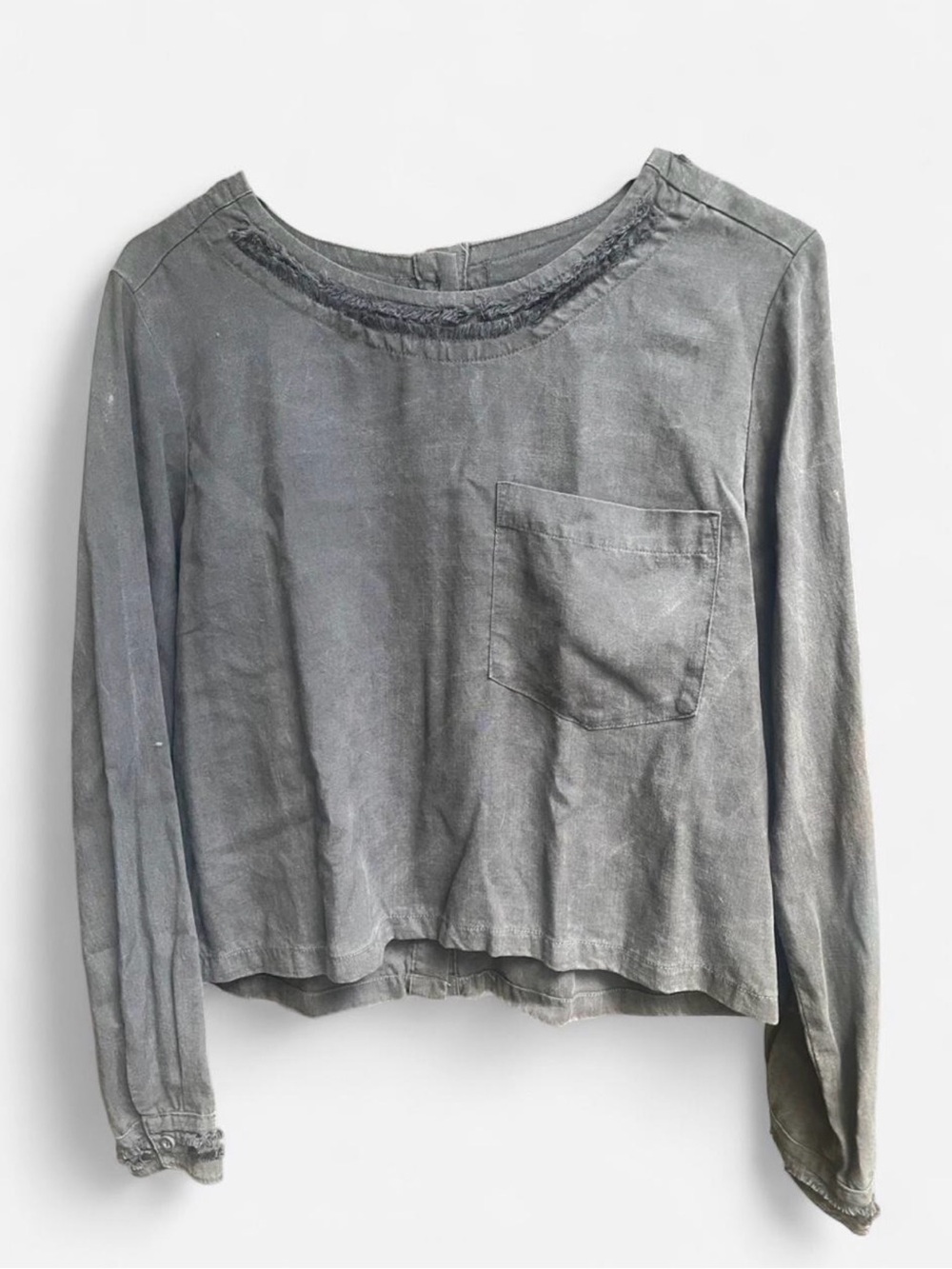 Cloth & Stone Tencel Lyocell Slate Grey Fringe Detailing, Back Button Top Sz S